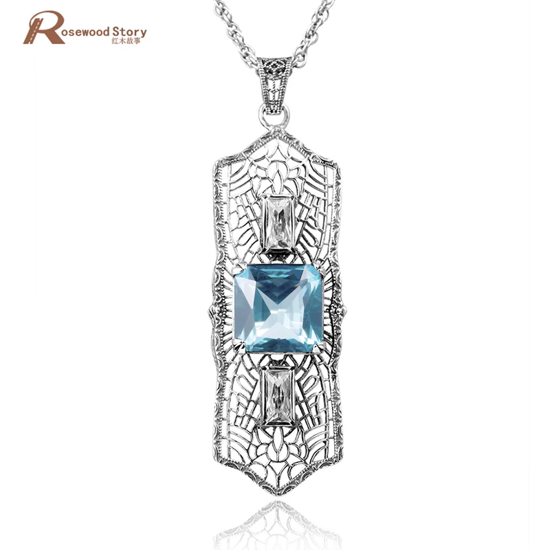 

Trendy 925 Sterling Silver Vintage Necklaces & Pendants Sky Blue Rhinestone Crystal Wedding Jewelry For Women Handmade Gifts