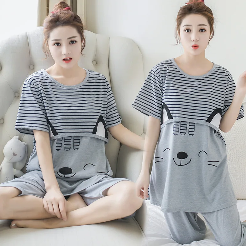 

2019 NEW Maternity Breast Feeding Pajamas Women Breastfeeding Sleepwear Suits Summer Casual Nightgown Breastfeeding Pajamas