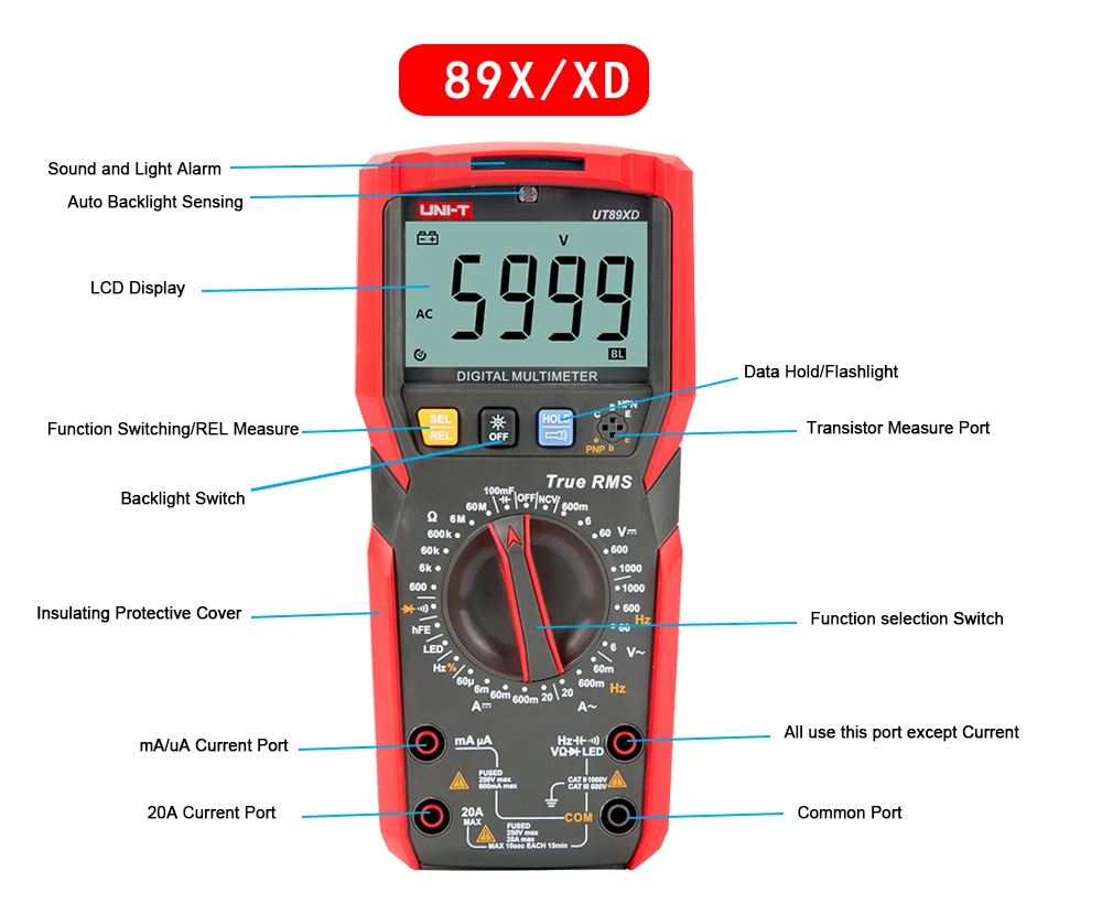 UNI-T UT89XD Профессиональный цифровой мультиметр True RMS 1000V 20A AC DC вольтметр измеритель сопротивления емкости светодиодный