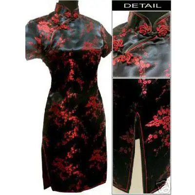 Темно-синее традиционное китайское женское платье атласное короткое Ципао винтажное Чонсам с драконами размера плюс 3XL 4XL 5XL 6XL - Цвет: Black2-2