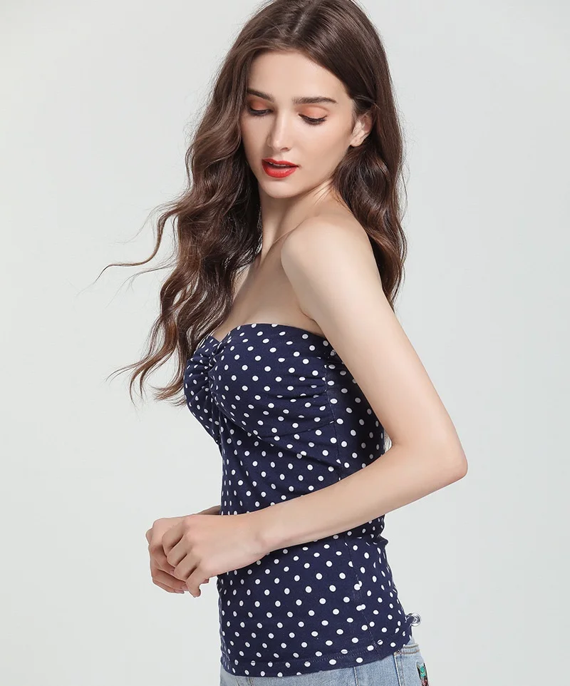 

Women Dot Navy blue Strapless Slim fit Tank Top