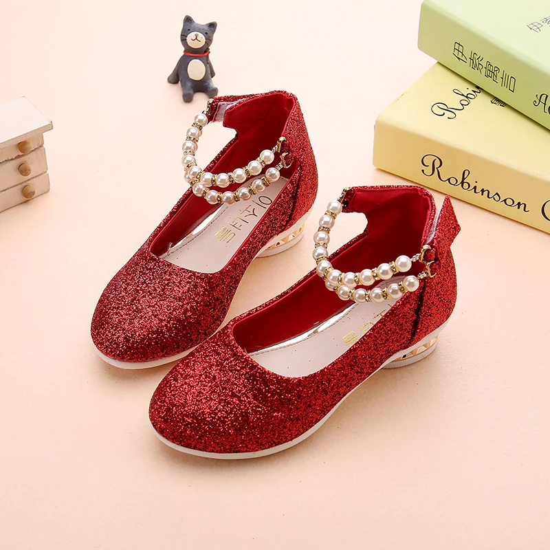 

2019 New Girls Shoes Spring Princess Black Party Official Pearl Pink Faux Leather Shoes Girl 10 Years Old Large