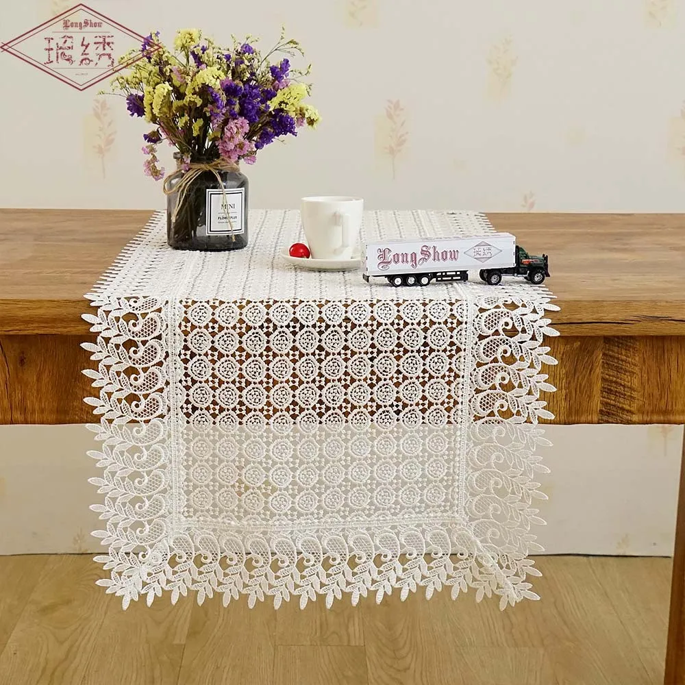 

European White Polyester Rectangular Embroidered Lace Table Flag Fabric Custom Export Lace Cover Table Towel Runner Promotion