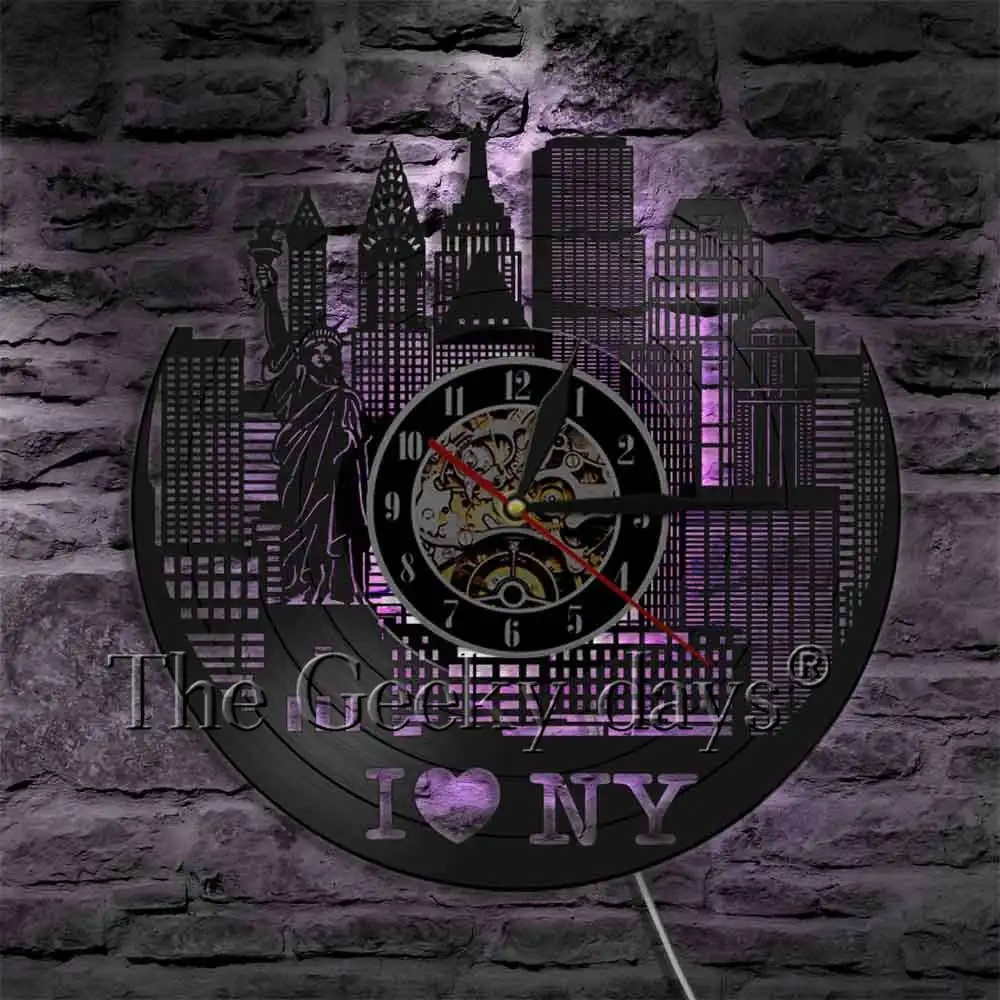 Нью-Йорк городской пейзаж современные эксклюзивные настенные часы Настенный декор NYC Skyline Виниловая пластинка настенные часы уникальные подарки для путешествий