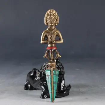 

Old antique Hand made Brass Inlay Turquoise vajra Dorje statue
