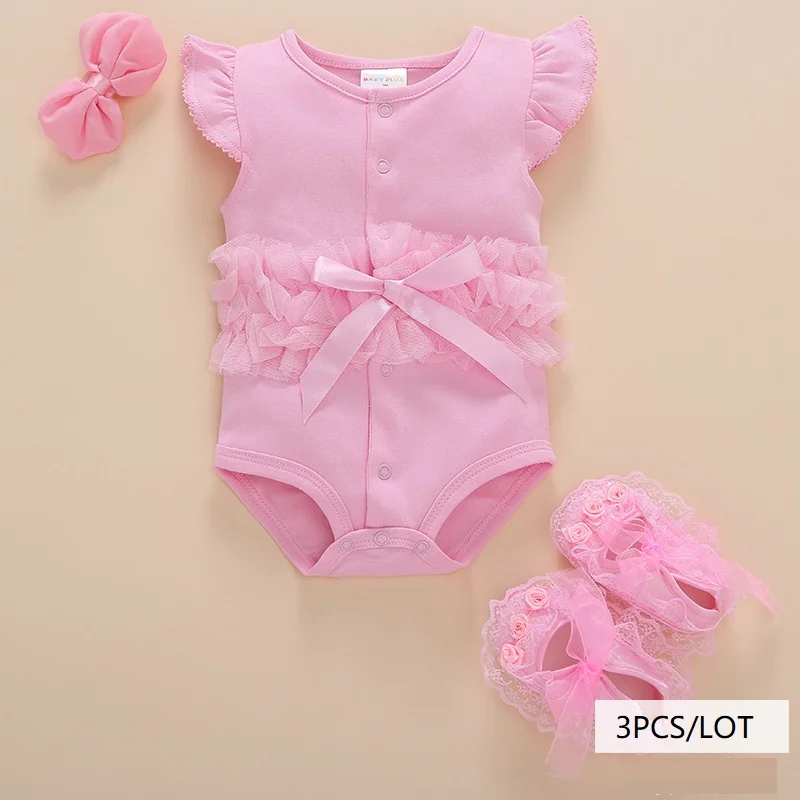 

cute Baby Girl Clothes princess and infant Clothing Sets Cotton Rompers 3pcs/lot Shorts sleeve+ Shoes +Headband Newborn Clothes