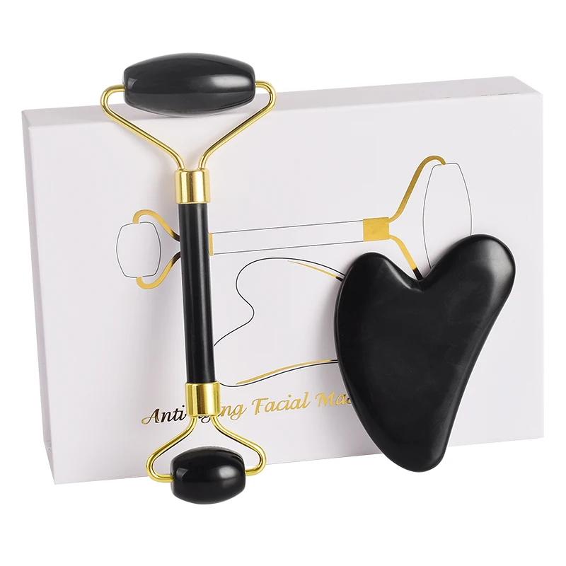 PROD 33009795428 Black Obsidian Facial Masssage Roller Guasha Tool Set
Body Back Foot Scraper Acupuncturer Massager Anti Aging With Gift Box