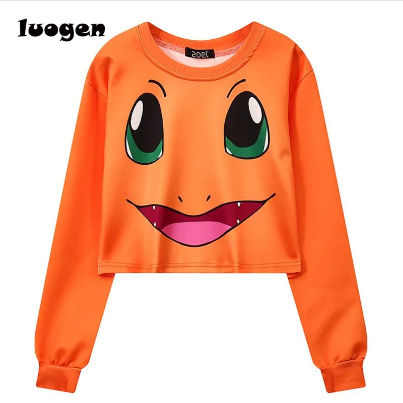 orange Pocket Monsters Осенняя Футболка Harajuku Женская с длинным рукавом Повседневный укороченный топ с круглым вырезом футболки Сквиртл Пикачу Jigglypuff Charmander - Цвет: orange