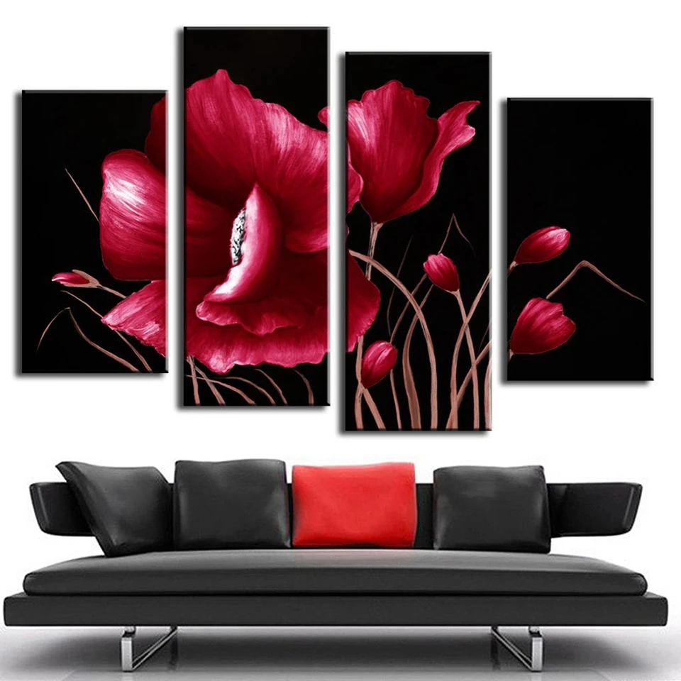 Printed-Oil-Art-Painting-Red-Flower-In-Black-4-Pcs-Set-Combined-Canvas-Paints-Living-Room (2)