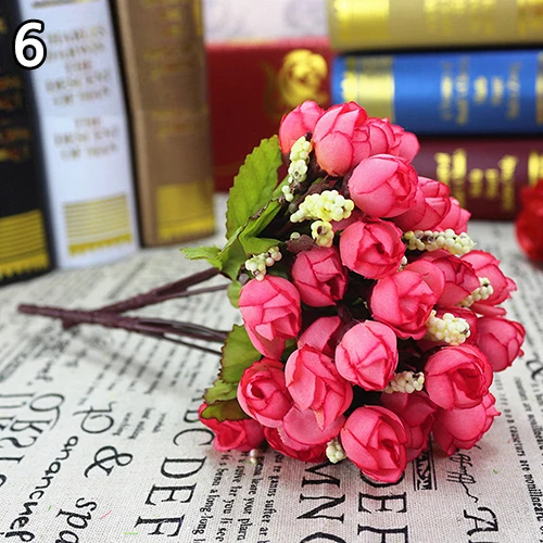 Милый букет из искусственных бутонов роз, домашняя свадебная ткань, 15 цветов на 1 шт., искусственные цветы, украшения для дома - Цвет: Dark Pink