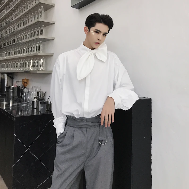 

MIXCUBIC 2018 new summer British style unique Leaf collar design shirts men casual loose white shirts for men