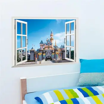 

Disney Fantastic Princess Castle 3D Fake Window Wall Stickers For Girls Room Home Decoration Accessories PVC Mural Wall Decals