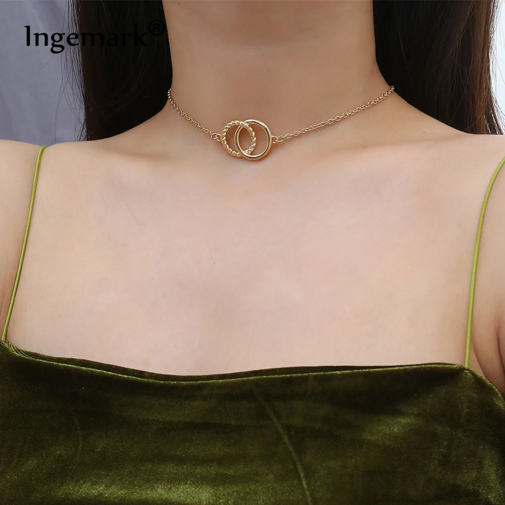 

Ingemark Simple Double Circle Interlock Clavicle Choker Necklace Collar Statement Eco-Friendly Material Short Necklace for Women