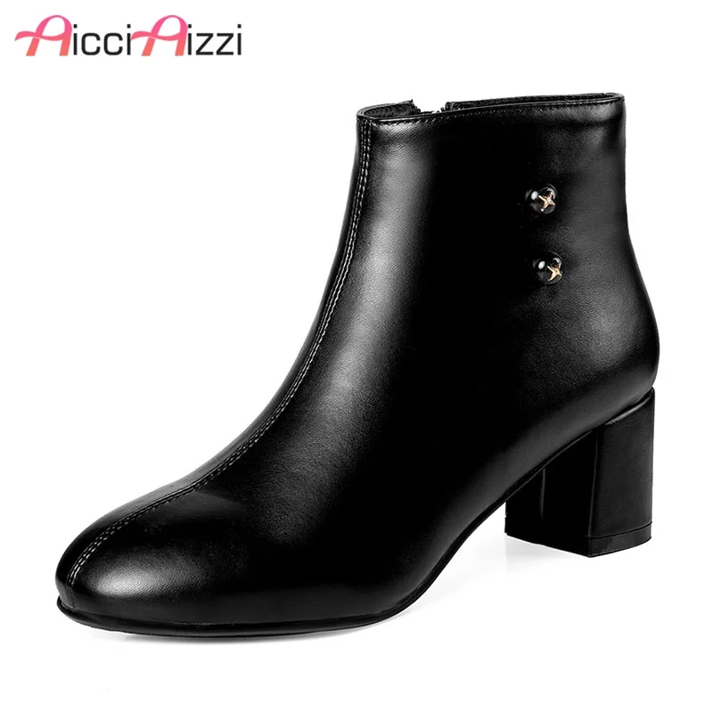 

ZALAVOR New Women Ankle Boots Winter String Bead Zipper Warm Shoes Women Round Toe Thick High Heels Fur Boots Size 32-43