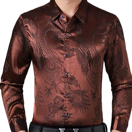 Для мужчин s Slim Fit шелковое платье рубашка атлас рубашка-смокинг китайский дракон печатных Мужской Повседневная Camisa социальной Masculina 4XL