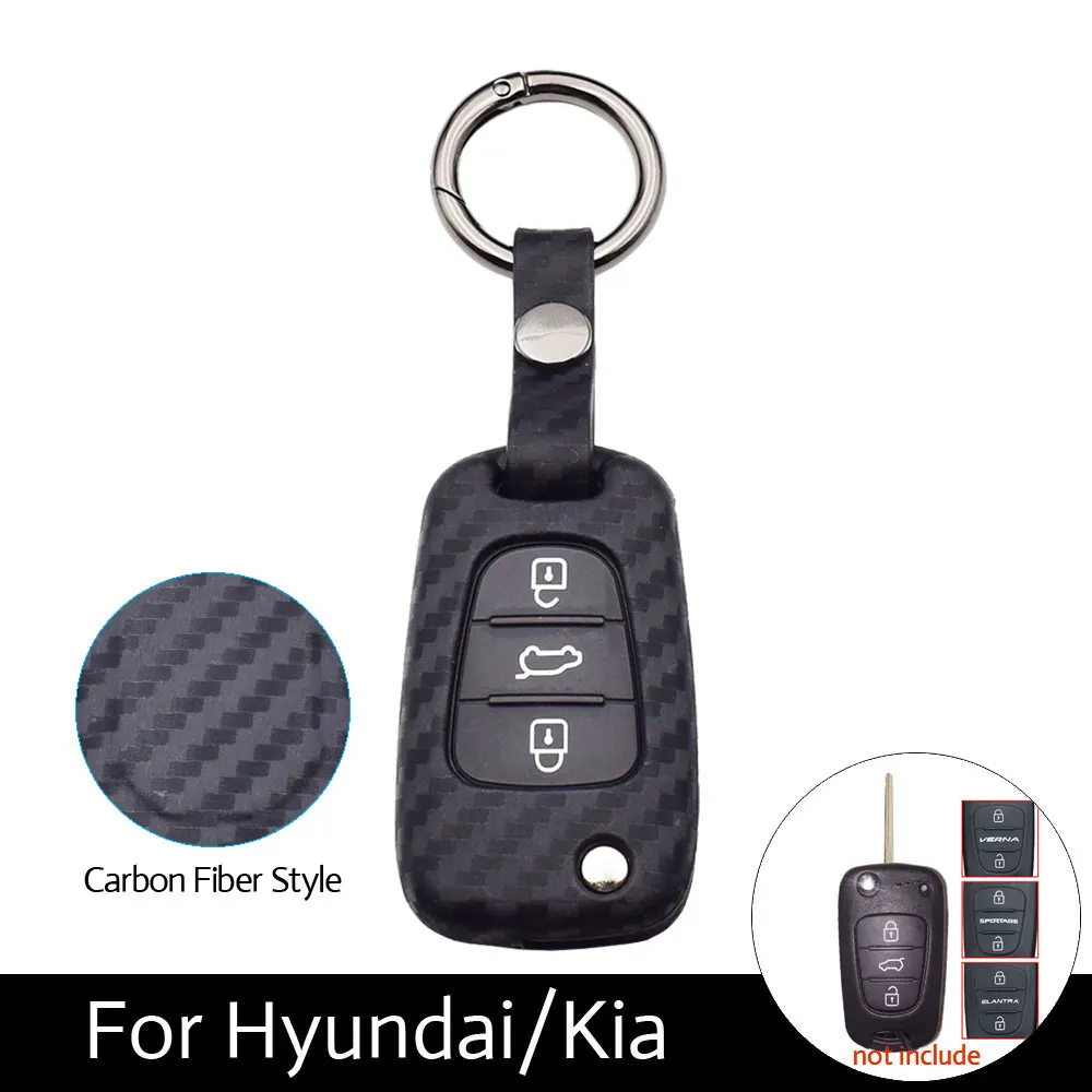 

ATOBABI Carbon Fiber Silicone Flip Car Key Case Keychain for Hyundai I30 IX35 Avante Kia K2 K5 Rio Cerato Ceed Soul Keys Cover