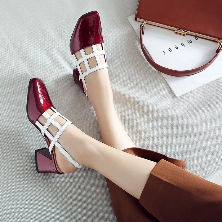 

Newfangled Hollow out Gridding Pump Shoes Woman Genuine Leather Slingbacks Yellow White Buckle Strap Square Heels Women Shoes
