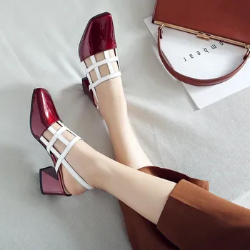 

Newfangled Hollow out Gridding Pump Shoes Woman Genuine Leather Slingbacks Yellow White Buckle Strap Square Heels Women Shoes