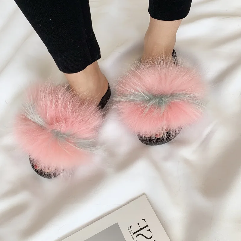 

Pink Racoon Fur Slides Women Furry Slides for Woman Fluffy Real Fur Slippers Ladies Home Bedroom Slipper Fuzzy Slider Flip Flops