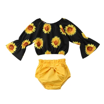 

Summer Toddler Baby Girl Sunflower Sunsuit Clothing Kids Baby Girls Off Shoulder Crop Tops Bowknot Shorts Romper 2Pcs Clothing