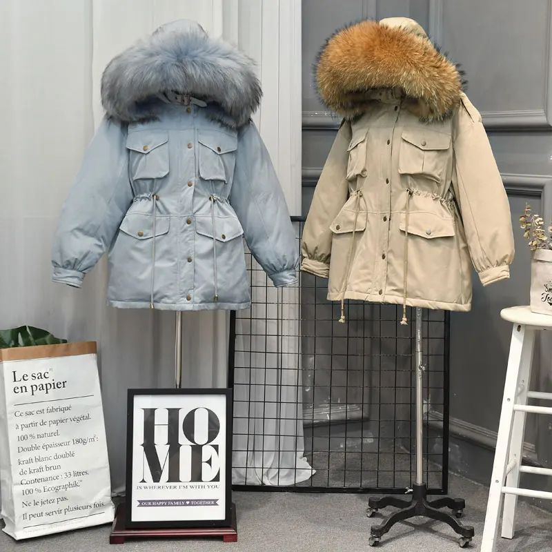 Goede Fitaylor Winter Jassen Vrouwen Witte Eendendons Grote Natuurlijke Wasbeer Bontjas Hooded Parka Vrouwelijke Sash Tie Up Sneeuw Uitloper