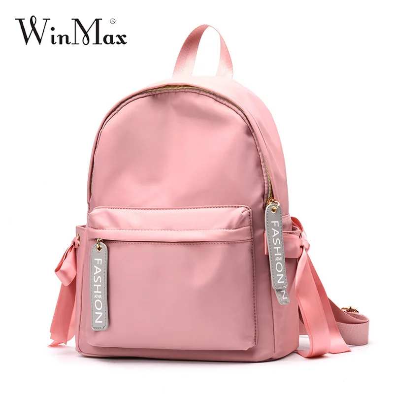 Новинка, весенний тканевый рюкзак с лентами для девочек-подростков, черный рюкзак с буквенным принтом, женский розовый рюкзак с клапаном, Одноцветный женский рюкзак - Цвет: Розовый