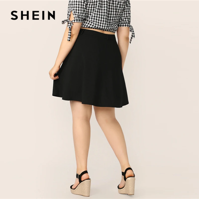 SHEIN Размера Плюс Юбка-Клёш Женская Летняя Черная Короткая Юбка С Пуговицами