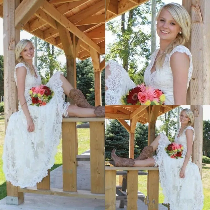 Tea Length Wedding Dresses 2019 Vintage Lace V Neck Cap Sleeve