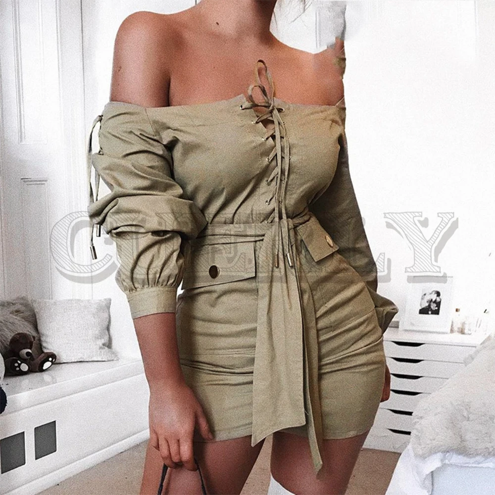 

CUERLY Elegant slash neck lace up women khaki dress Long sleeve bodycon short mini dress Sashes plus size ladies party dress
