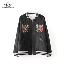 Bella Philosophy осенняя куртка пальто для женщин вышивка на молнии карманы Двусторонняя Куртка женская Повседневная Верхняя одежда с длинными рукавами и круглым вырезом