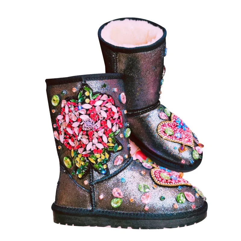 

Mixed Color Crystal Flat Snow Boots for Women Shiny Rhinestone Mid-Calf Winter Boots Plush Thermal Warm Winter Shoes Botas Mujer