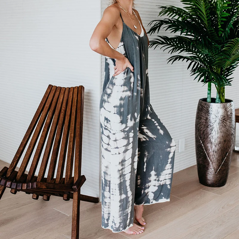 Women jumpsuit ladies Summer Casual Loose Wide Leg Romper Noodle Strap Backless Jumpsuit boho print beach sea holiday overalls Women jumpsuit ladies Summer Casual Loose Wide Leg Romper Noodle Strap Backless Jumpsuit boho print beach sea holiday overalls