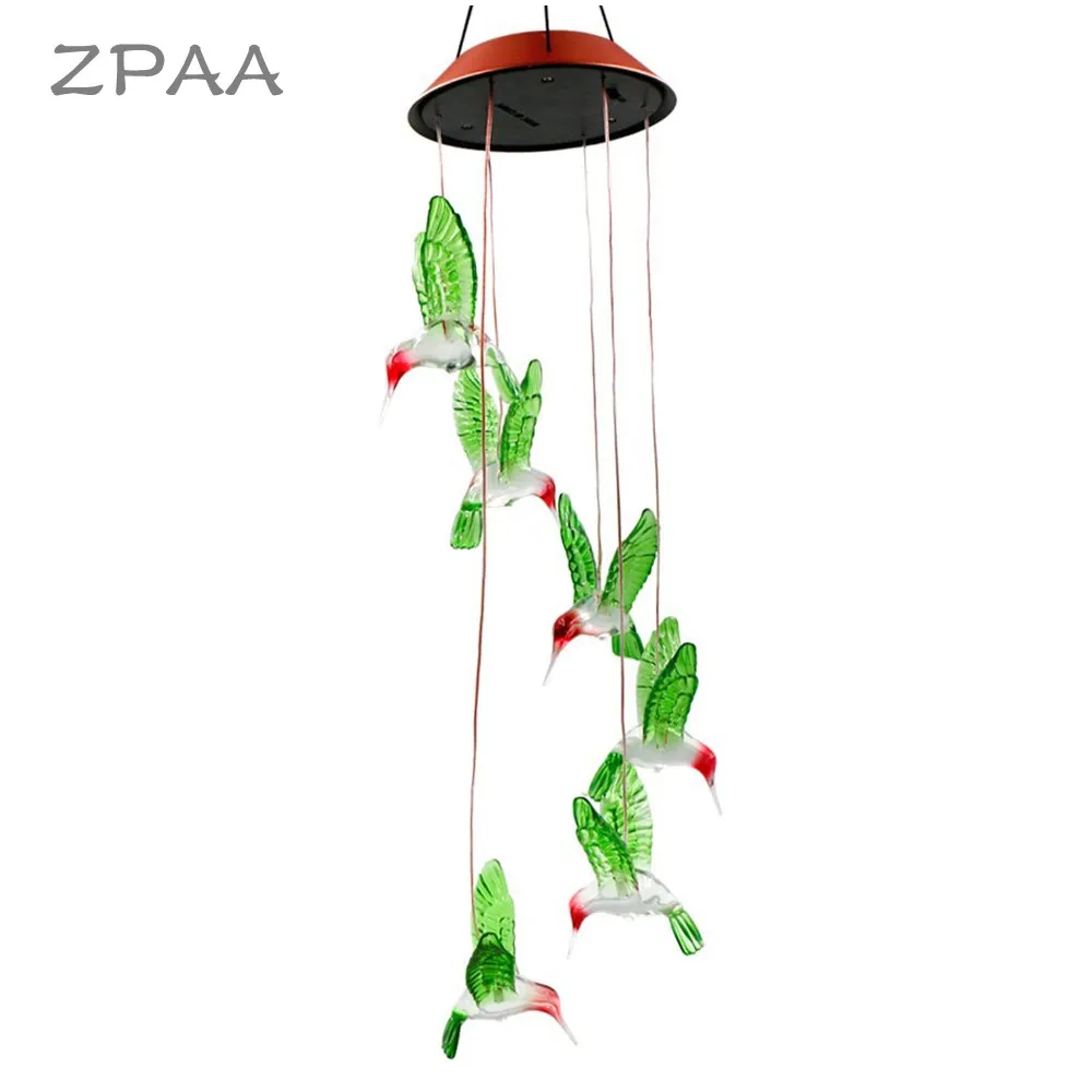 

ZPAA Solar Lamp Wind Chime Color-Changing Solar Power LED Mobile Light Waterproof Hummingbird Sunlight for Garden Decoration