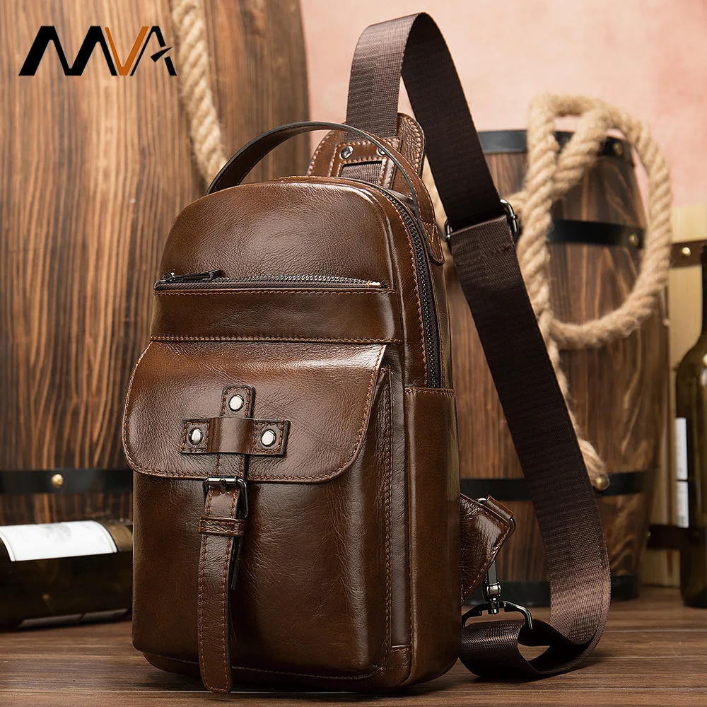 

Npason Genuine Leather Bag Men's Chest Bag Single Shoulder Bag For Male Casual Bags Message cell Phone Brown Headphone Socket