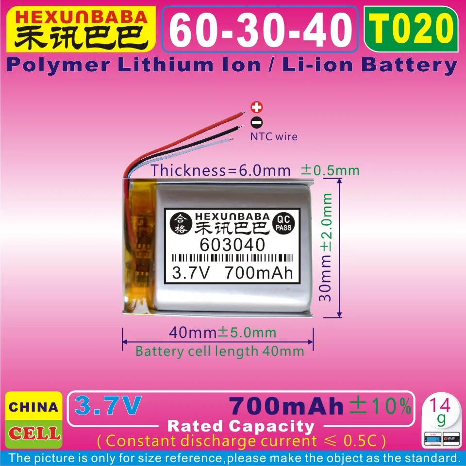 

4pcs [T020] 3.7V 700mAh [603040] NTC;Polymer lithium ion / Li-ion battery for MP3,bluetooth,model aircraft,smart watch,SPEAKER