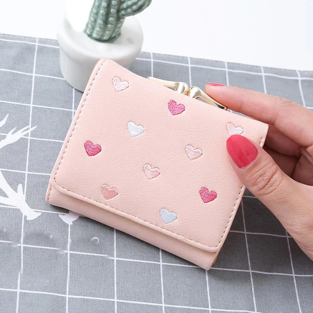 

2018 Women PU Leather Cute Heart Pattern Hasp Coin Purse Short Wallet Handbag Card Holder Fashion Trend Pouch Key Packet 10jul20