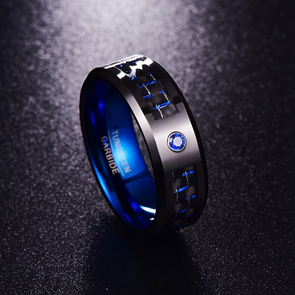 Carbon Fiber Blue Zircon Men Rings Tungsten Carbide Wedding Bands Anillos Para Hombres Ring Drop Shipping Big Size 7-12
