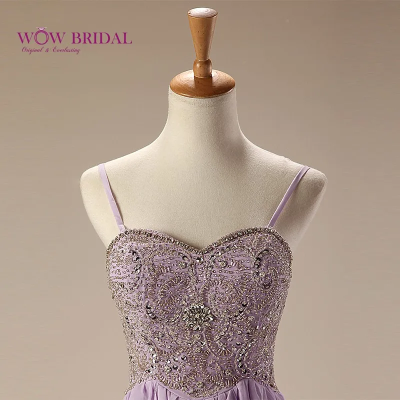Wowbridal изящные светло-фиолетовый выпускного вечера спагетти ремень милая кристалл из бисера бретелек платье-линии многоуровневое платье