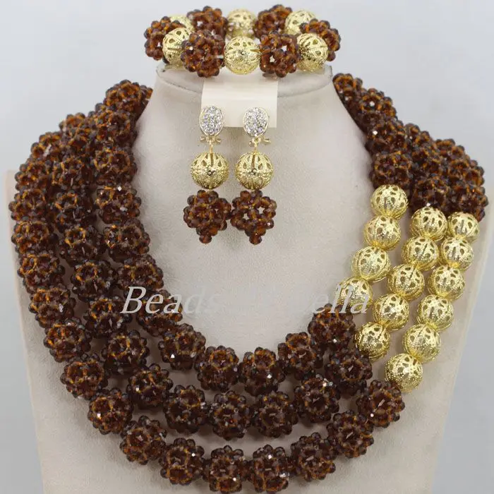 Мода Jewlery нигерийской свадьбы Африканский Бусины Наборы свадебных ювелирных изделий коричневый кристалл Бусины шары Цепочки и ожерелья abf451