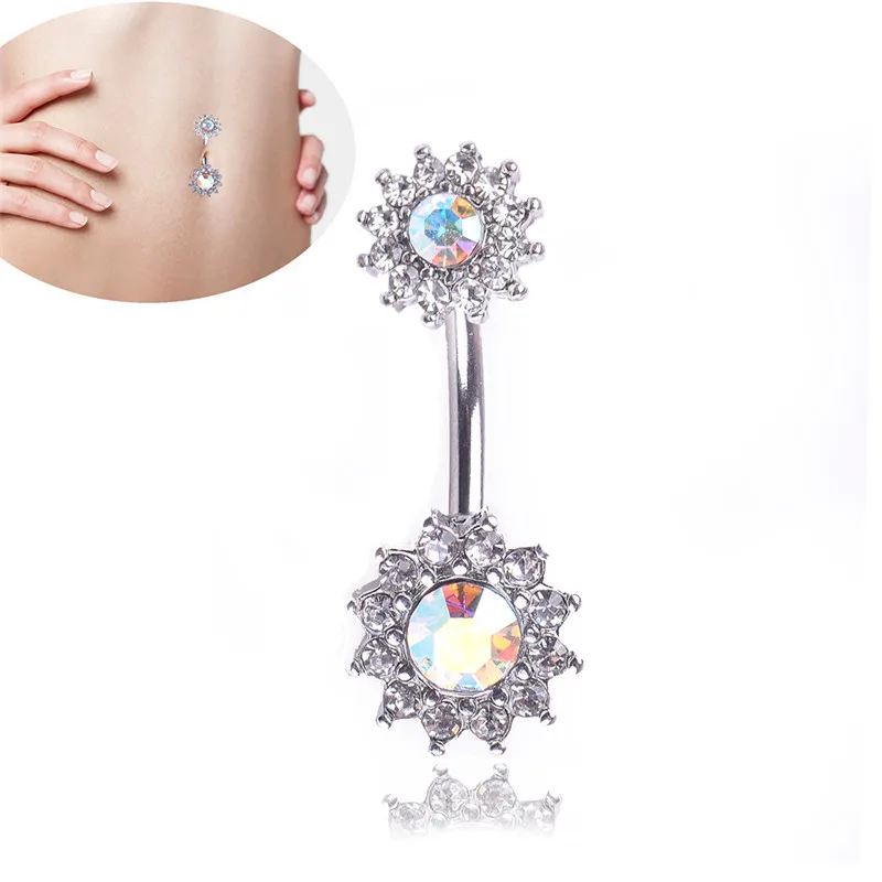 

1PC Double Colorful Zircon Flowers Stars Piercing Navel Stainless Steel Ombligo Belly Button Ring Silver Body Jewelry For Women