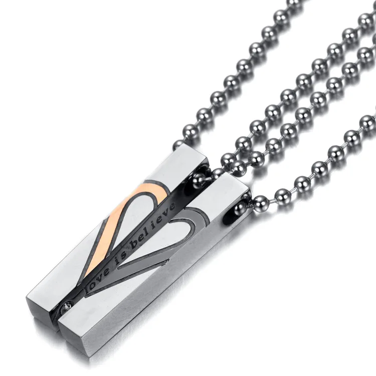 

Fashion Jewelry Sweet Love Heart Pattern Stainless Steel Pendant Necklace Men Women 2PCS