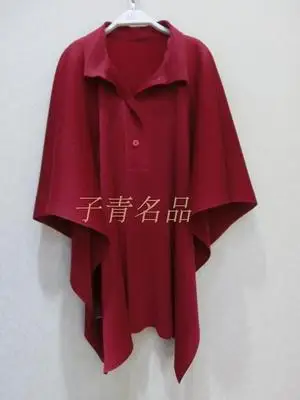 wine red Miyake модные Складные рукава летучая мышь Однотонная футболка с отворотом - Цвет: wine red