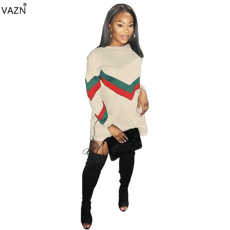 VAZN осень горячая распродажа известный бренд женское повседневное стильное платье в полоску с круглым вырезом длинный рукав свободный покрой женское мини платье Vestido ASL6061 - Цвет: Бежевый