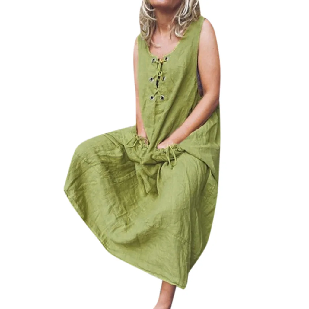 

Women High Waist Casual Solid Sleeveless Dress Round Neck with Pocket Bandage Loose Maxi Dresses Tank O Neck Vestidos*0