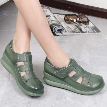 

Nice Summer Genuine Leather Women Sandals Handmade Platform Wedges Sandal Gladiator Hollow High Heel Shoes