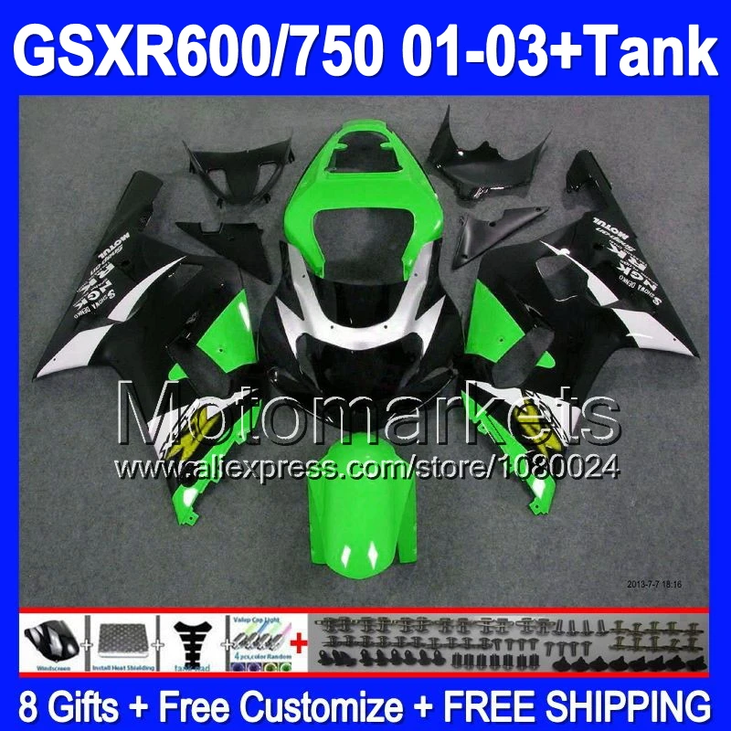 Свет зеленый + танк для SUZUKI GSXR750 2001 2002 2003 зеленый-черный GSX-R750 3K4180 GSXR-750 GSXR 750 K1 GSX R750 01