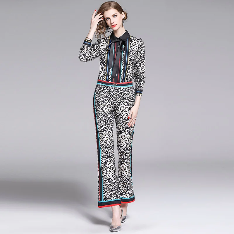 

HAMALIEL Fashion Runway Women Trousers suit Summer Leopard Print Lace UP Shirt Blouse Vintage 2 PCS Set + Retro Flare Pant Suits