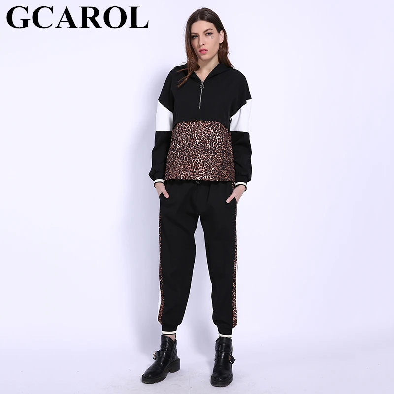 Günstige GCAROL 2019 Frühling Frauen 2 Stück Sets Leopard Gespleißt Sweatshirt Ankle Länge Schaden Hosen Oversize Trainingsanzüge Hoodies Outfiits