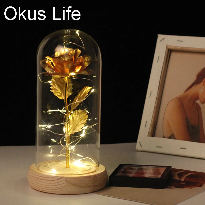 

HOT Rose Beauty And The Beast Rose In Flask Gold-plated Red Rose With LED Light In Glass Dome For Wedding Party Mother's Day Gif