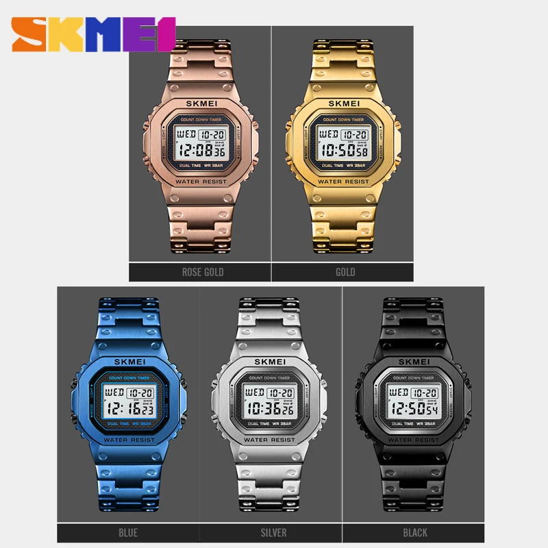 SKMEI 2019 NEW Men's G-Style Digital Watches Luxury Stainless Steel Square Electronic Wristwatches Womens Shock LED Sprots Watch